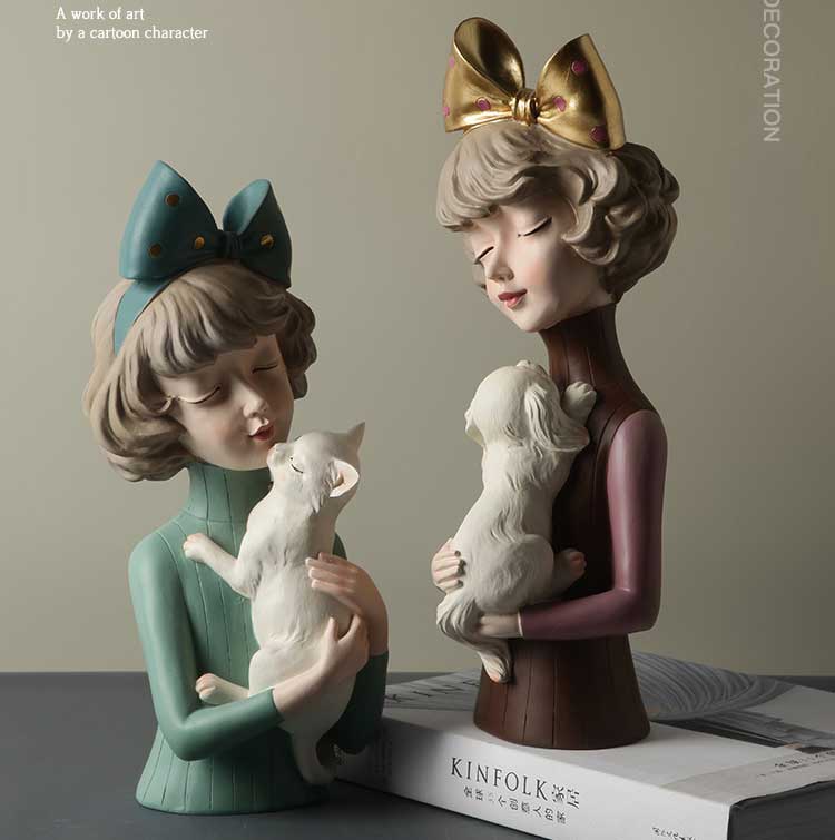 北歐創(chuàng)意可愛少女心抱貓女孩擺件